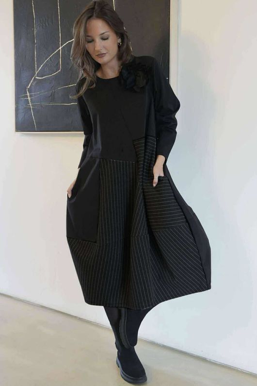 Oscar Remi Cocoon Dress Pin Stripe Black